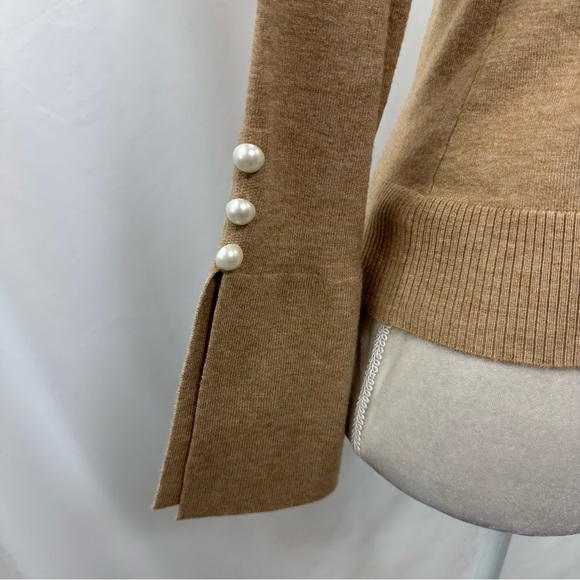 CeCe Women's Imitation Pearl Trim Split Sleeve Mock Neck Sweater Size Small Tan - Picture 4 of 9